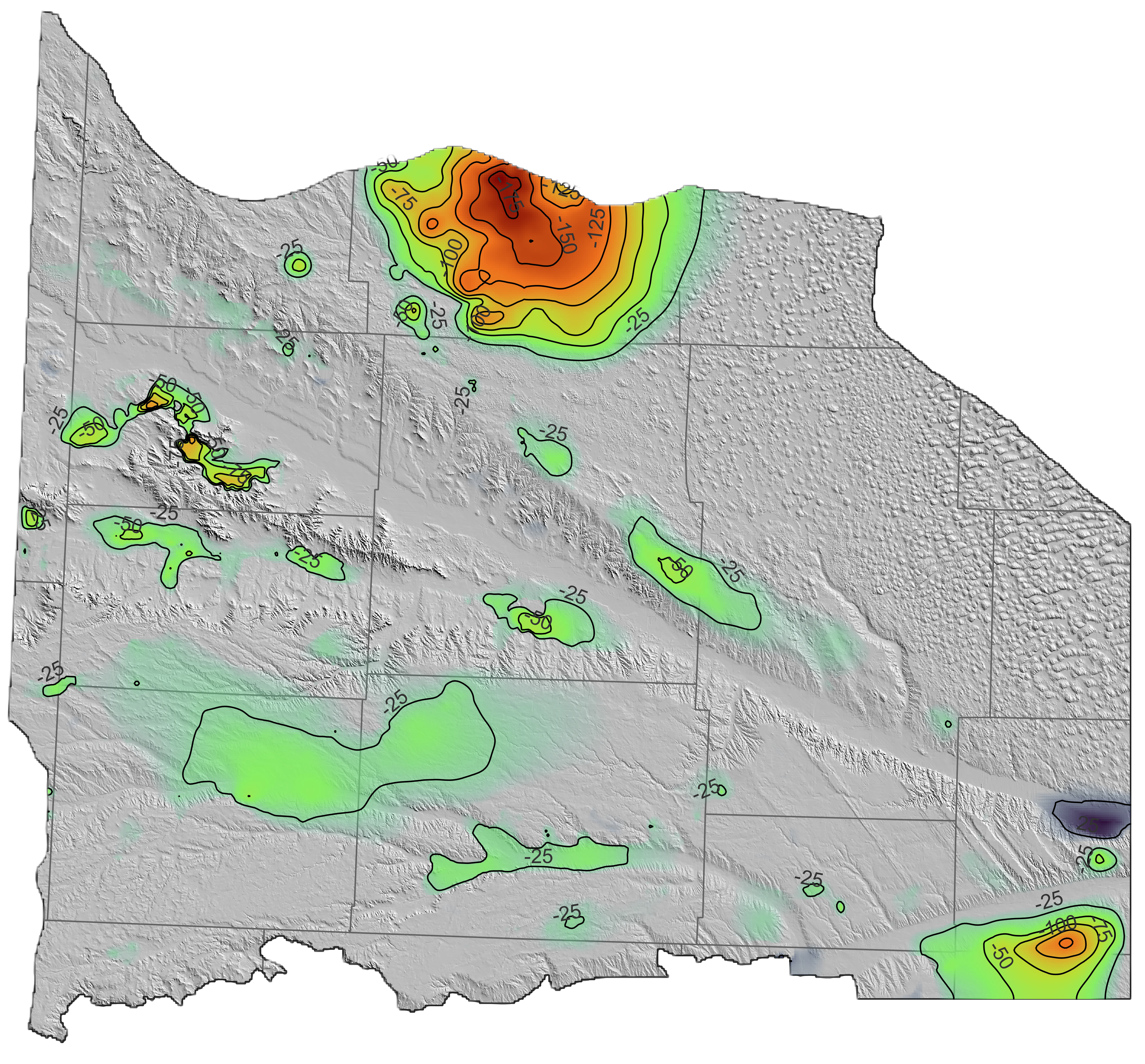 Drawdown map showing changes since 1953