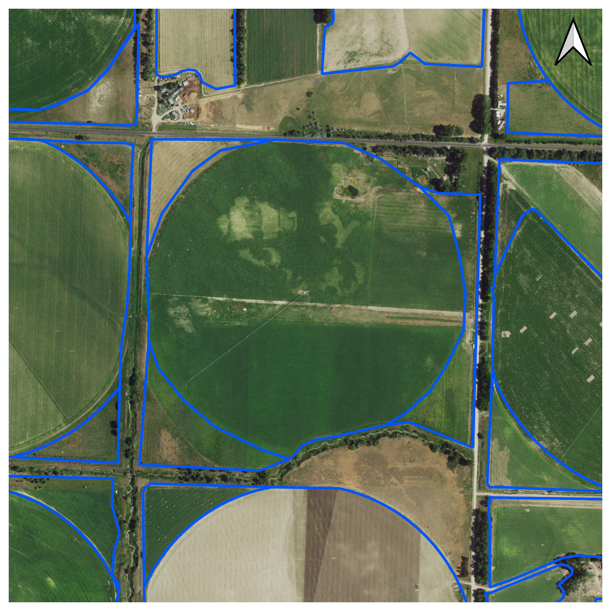 Land use change example showing center pivot sprinklers in 2018