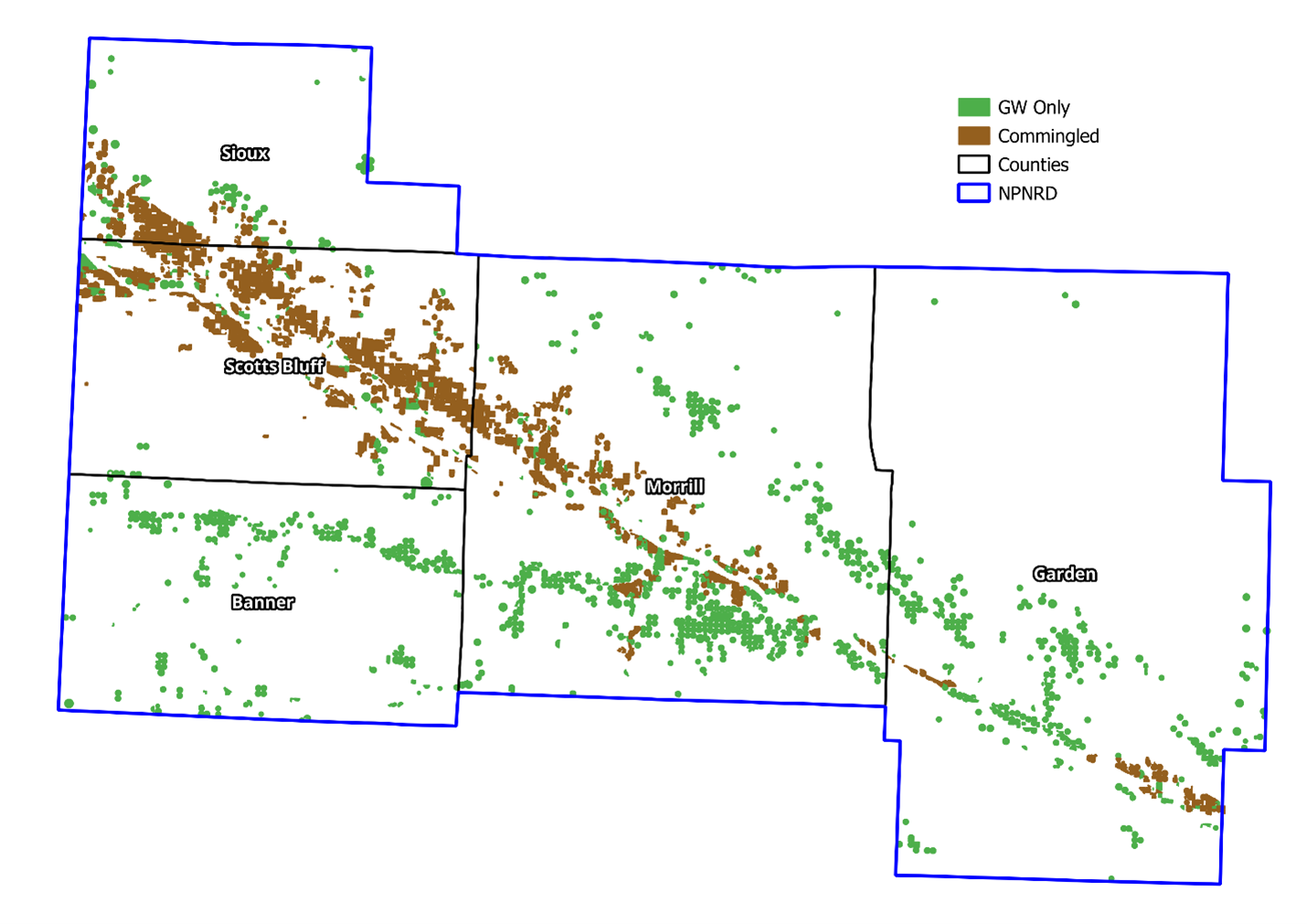 North Platte NRD certified irrigated acreage map showing ground water only and commingled areas