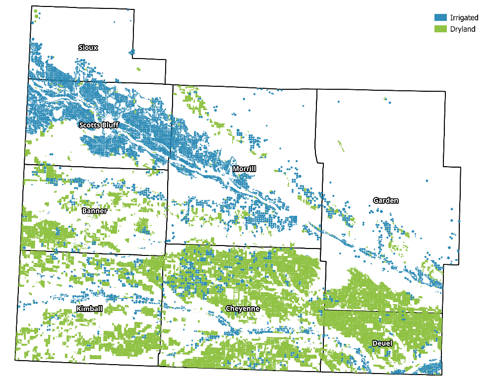 Map of irrigated (blue) and dryland (green) land use coverage in North Platte NRD and South Platte NRD, Nebraska